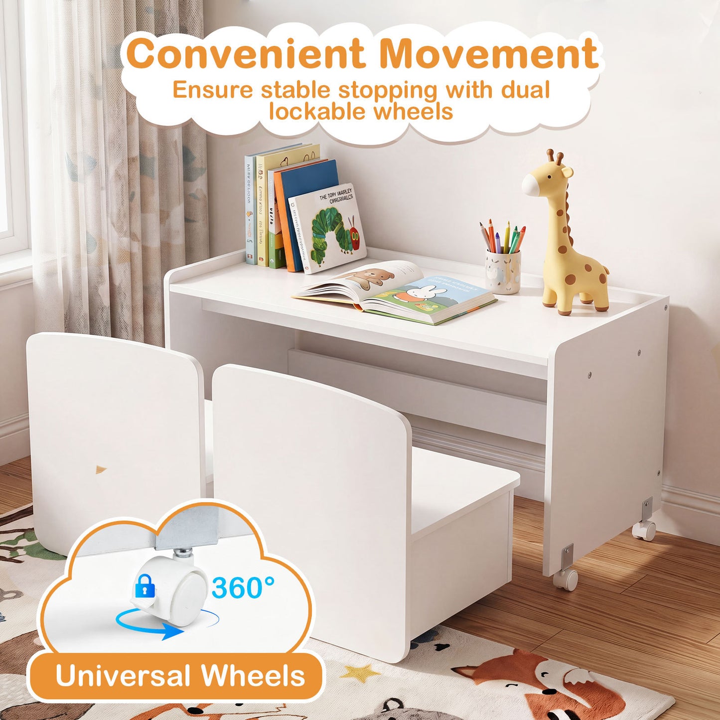Costway 3 in 1 Kinderrekje Speelgoedrek met Bureau op Wielen & Kinderstoel met Rugleuning Kindertafel met 2 Stoelen