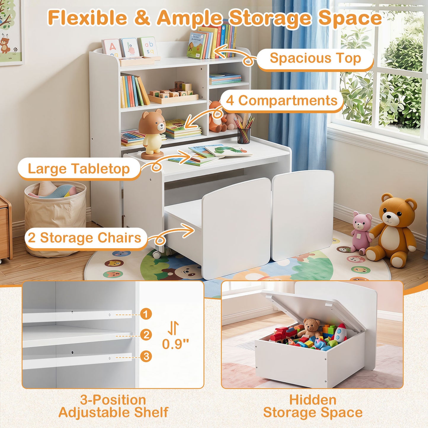 Costway 3 in 1 Kinderrekje Speelgoedrek met Bureau op Wielen & Kinderstoel met Rugleuning Kindertafel met 2 Stoelen