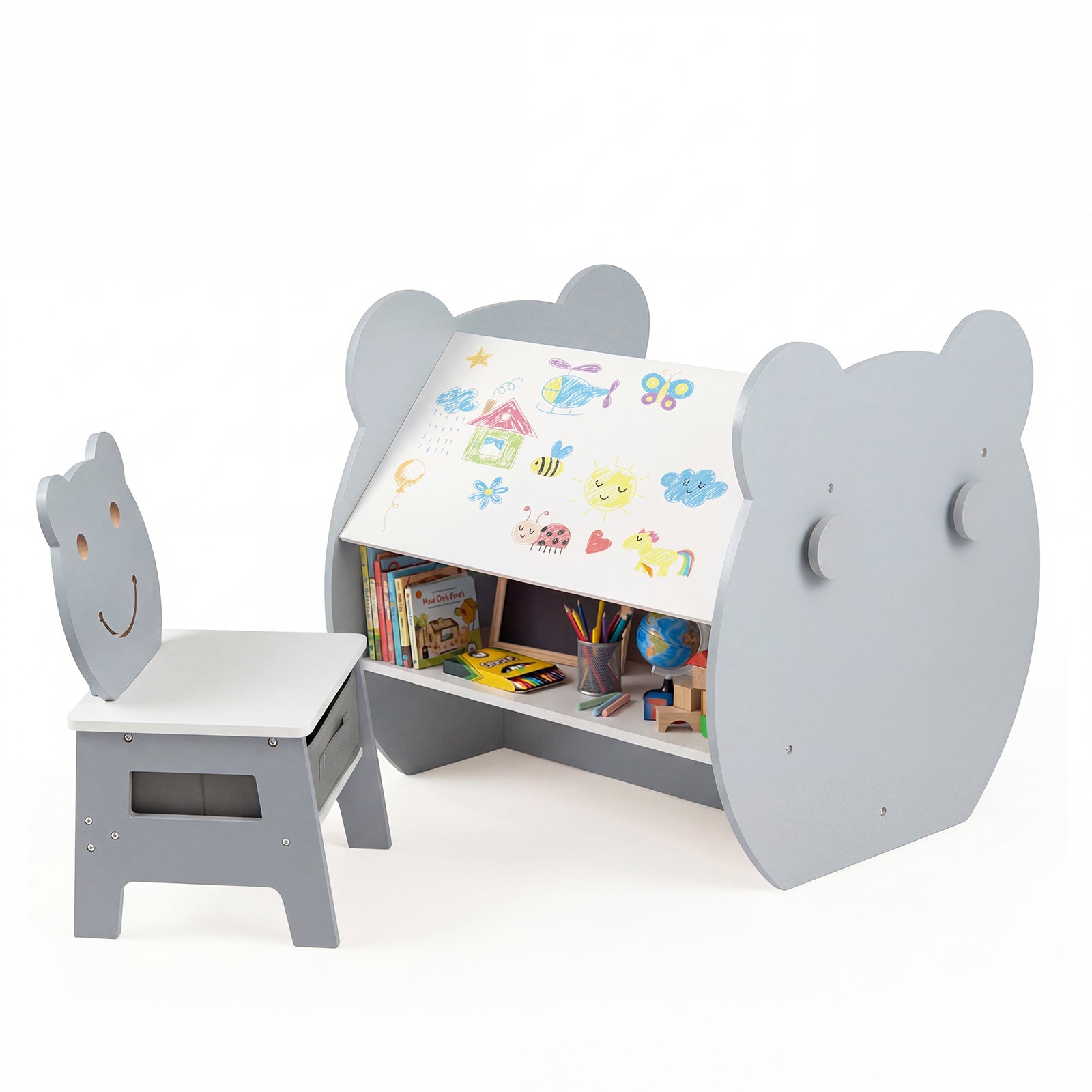 Costway 3 in 1 Kindertafel met Stoel Activiteiten Set met Omkeerbaar Schoolbord en Whiteboard Brede Grijs