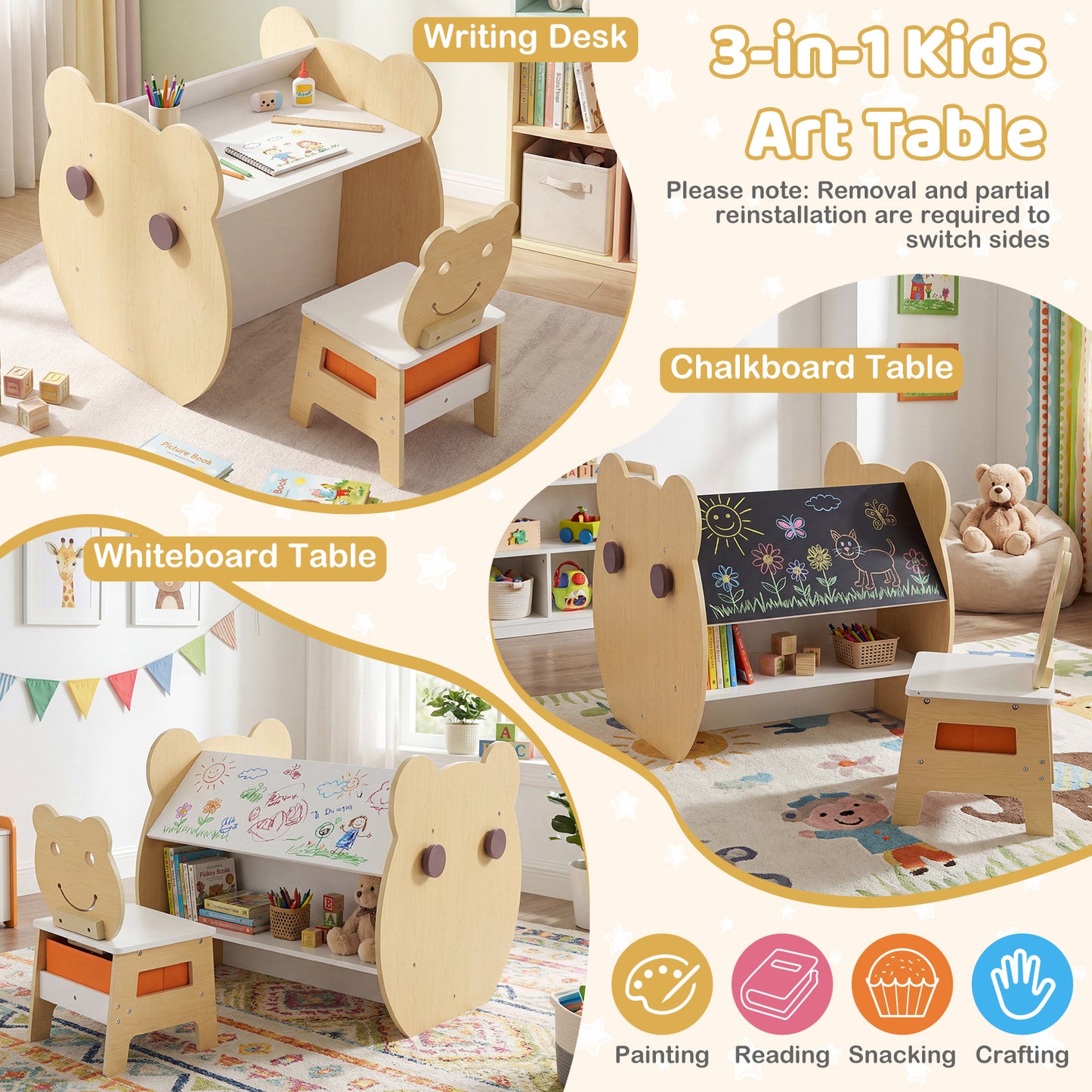 Costway 3 in 1 Kindertafel met Stoel Activiteiten Set met Omkeerbaar Schoolbord en Whiteboard Brede Wit