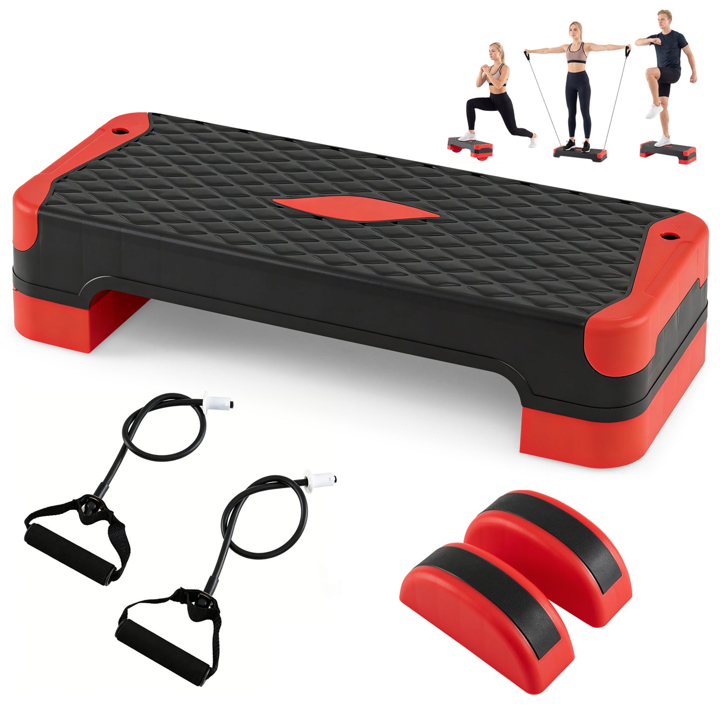Costway 3 in 1 Rood Aerobic Stepper Hoogteverstelbaar Fitness Stepper met 2 Stapelbare Verhogingen Balanstrainers Weerstandsband Antislip Oppervlak Stepboard