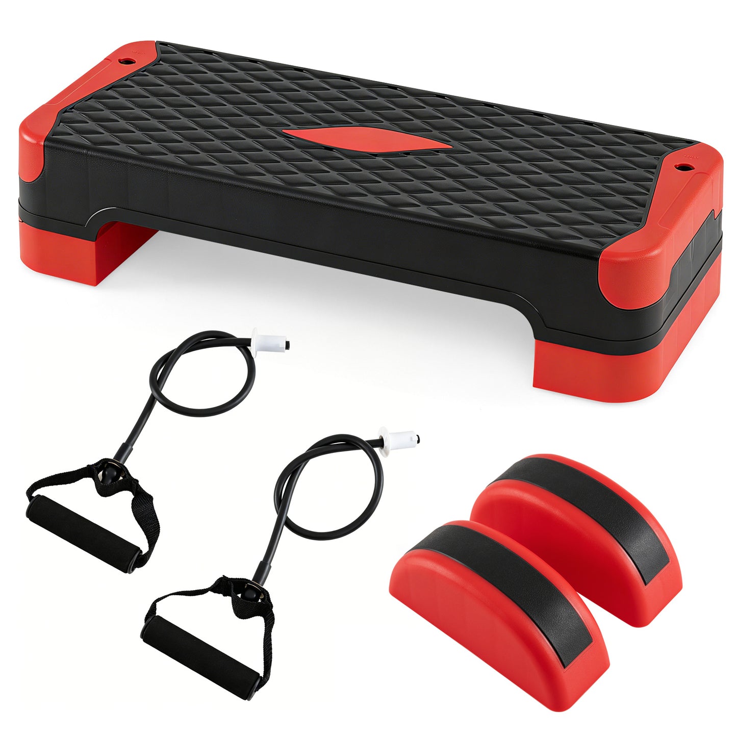 Costway 3 in 1 Rood Aerobic Stepper Hoogteverstelbaar Fitness Stepper met 2 Stapelbare Verhogingen Balanstrainers Weerstandsband Antislip Oppervlak Stepboard
