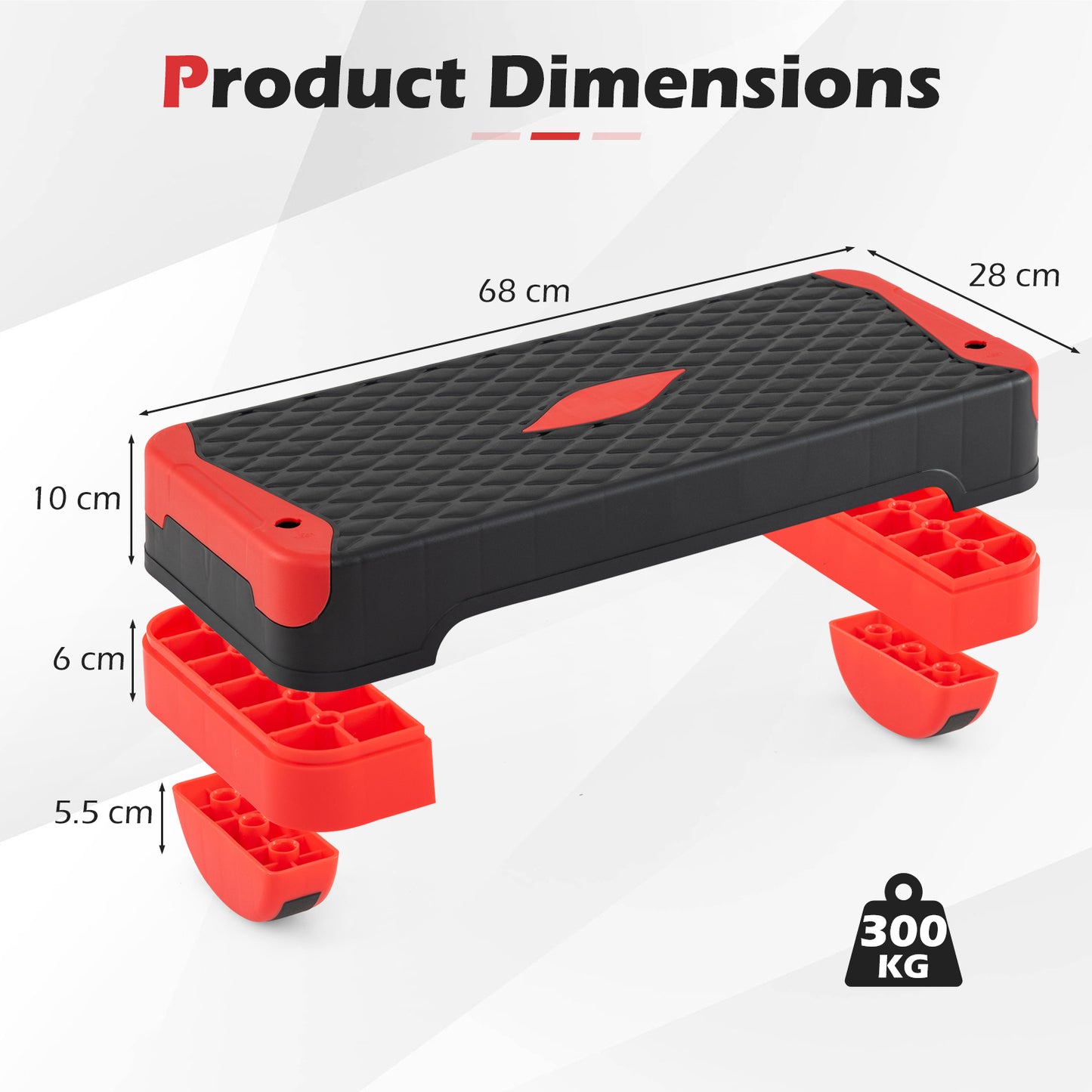 Costway 3 in 1 Rood Aerobic Stepper Hoogteverstelbaar Fitness Stepper met 2 Stapelbare Verhogingen Balanstrainers Weerstandsband Antislip Oppervlak Stepboard