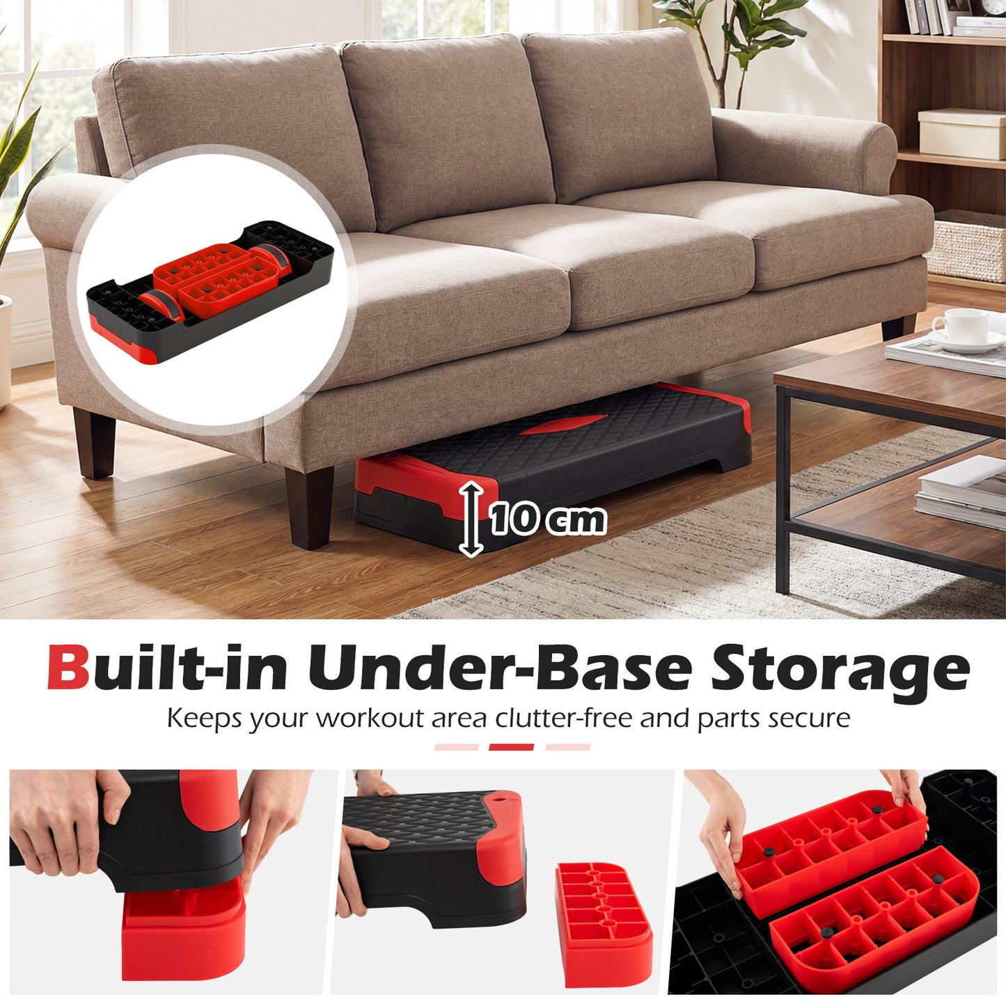Costway 3 in 1 Rood Aerobic Stepper Hoogteverstelbaar Fitness Stepper met 2 Stapelbare Verhogingen Balanstrainers Weerstandsband Antislip Oppervlak Stepboard