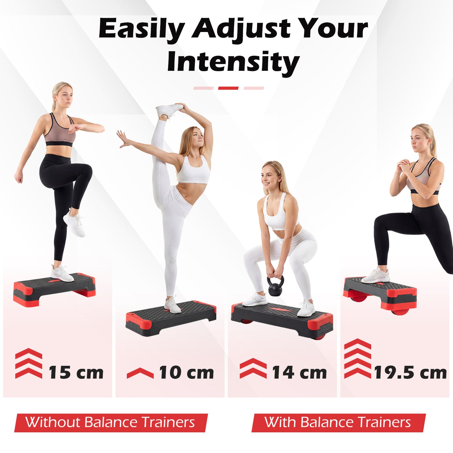 Costway 3 in 1 Rood Aerobic Stepper Hoogteverstelbaar Fitness Stepper met 2 Stapelbare Verhogingen Balanstrainers Weerstandsband Antislip Oppervlak Stepboard
