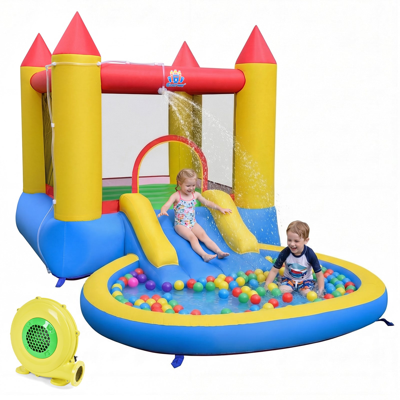 Costway 3-in-1 Springkasteel met Glijbaan en Springhuis Opblaasbare Speeltuin met Ballenbad en 50 Oceaanballen met een Blazer van 450 W