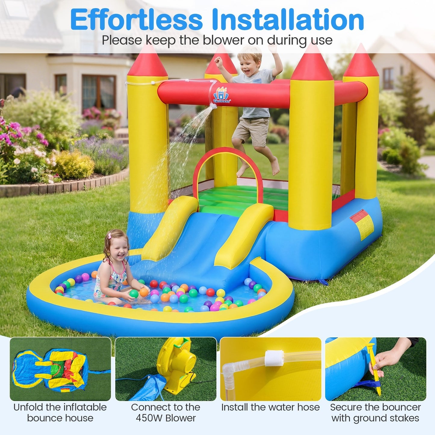 Costway 3-in-1 Springkasteel met Glijbaan en Springhuis Opblaasbare Speeltuin met Ballenbad en 50 Oceaanballen met een Blazer van 450 W