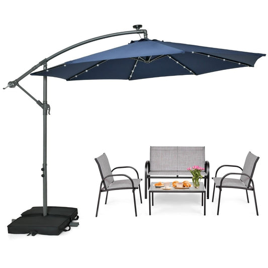 Costway 3 m Tuinparasol met Zandzakken Donkerblauw+4-Delige Terrasmeubelset Balkonterrasset Tuinset Grijs