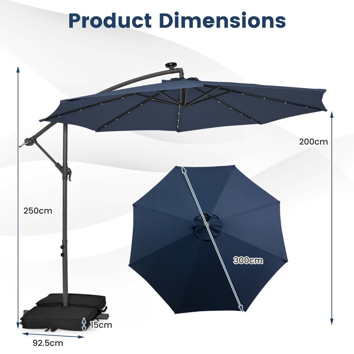 Costway 3 m Tuinparasol met Zandzakken Donkerblauw+4-Delige Terrasmeubelset Balkonterrasset Tuinset Grijs