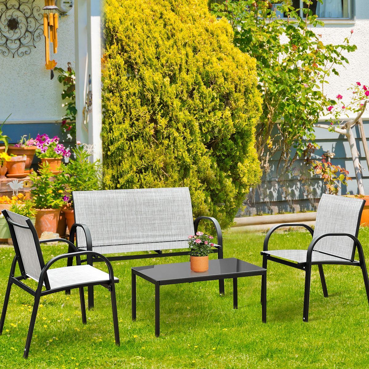 Costway 3 m Tuinparasol met Zandzakken Donkerblauw+4-Delige Terrasmeubelset Balkonterrasset Tuinset Grijs