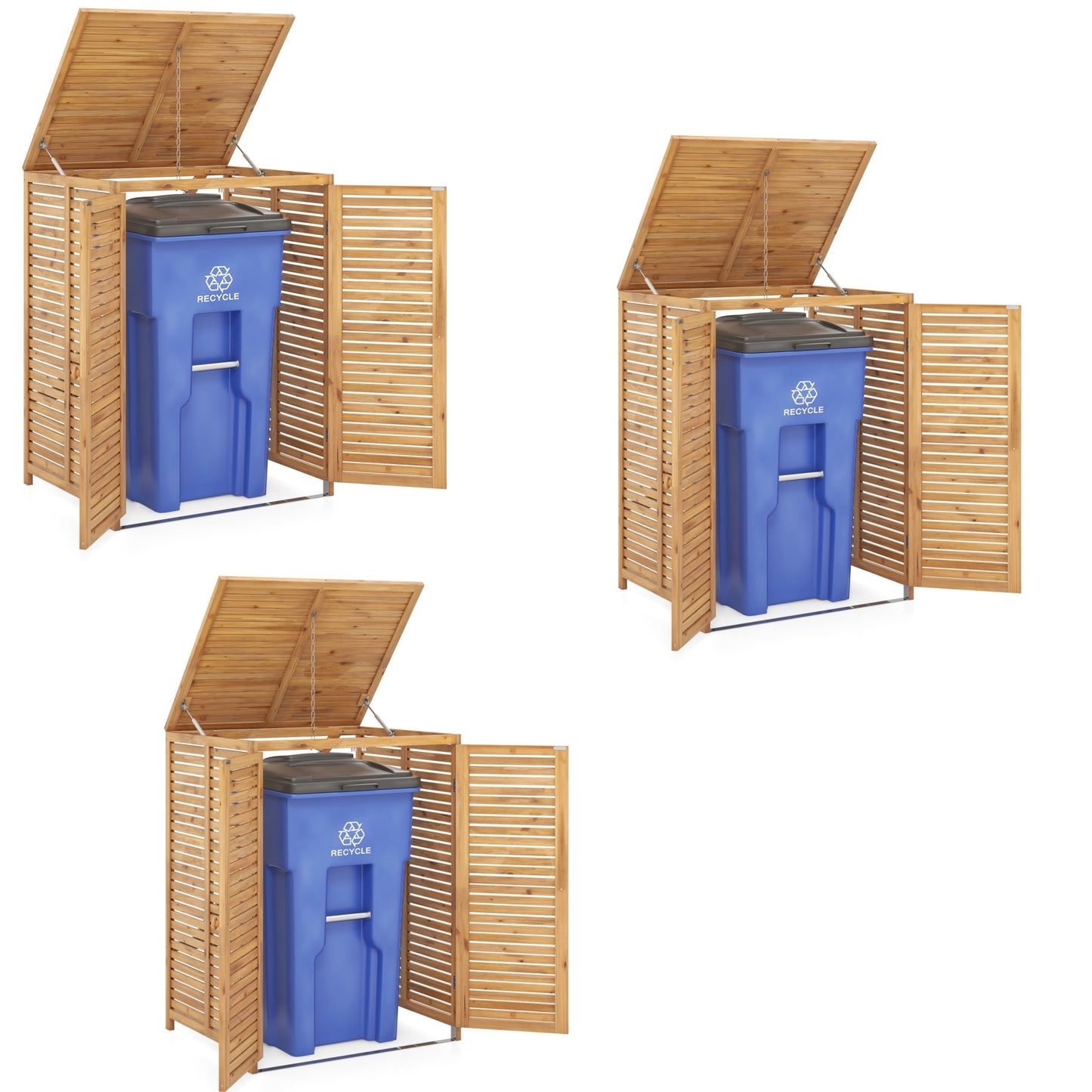 Costway 3 Stucks 120L Houten Afvalberging Gereedschapsberging voor Buiten met Deksel Dat Open Kan Afsluitbaar Slot Buitenberging voor Tuin Natuurlijk