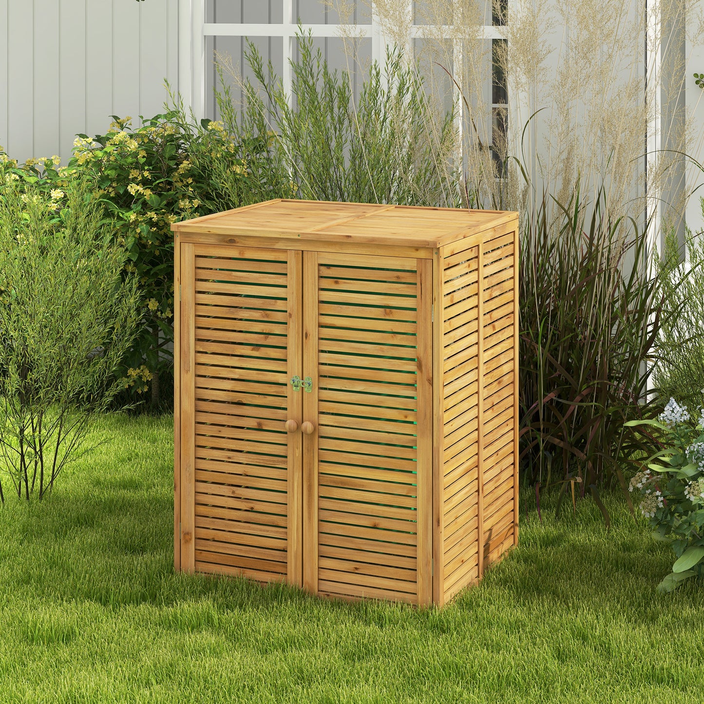 Costway 3 Stucks 120L Houten Afvalberging Gereedschapsberging voor Buiten met Deksel Dat Open Kan Afsluitbaar Slot Buitenberging voor Tuin Natuurlijk