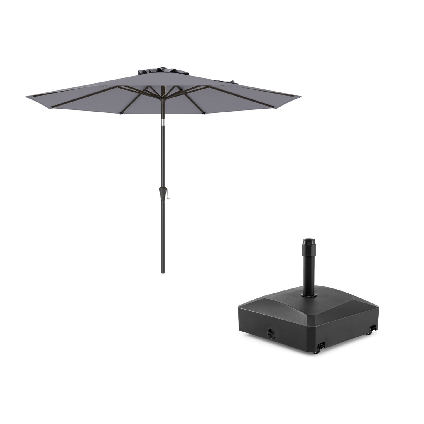 Costway 303 cm Terrasparasol Kantelbare Parasol Dubbelgelaagde Tafelparasol Grijs +Parasolvoet met Wieltjes Vulbare Parasolvoet