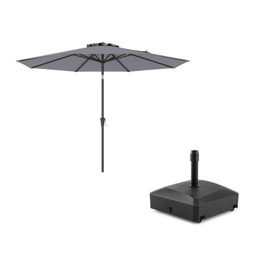 Costway 303 cm Terrasparasol Kantelbare Parasol Dubbelgelaagde Tafelparasol Grijs +Parasolvoet met Wieltjes Vulbare Parasolvoet