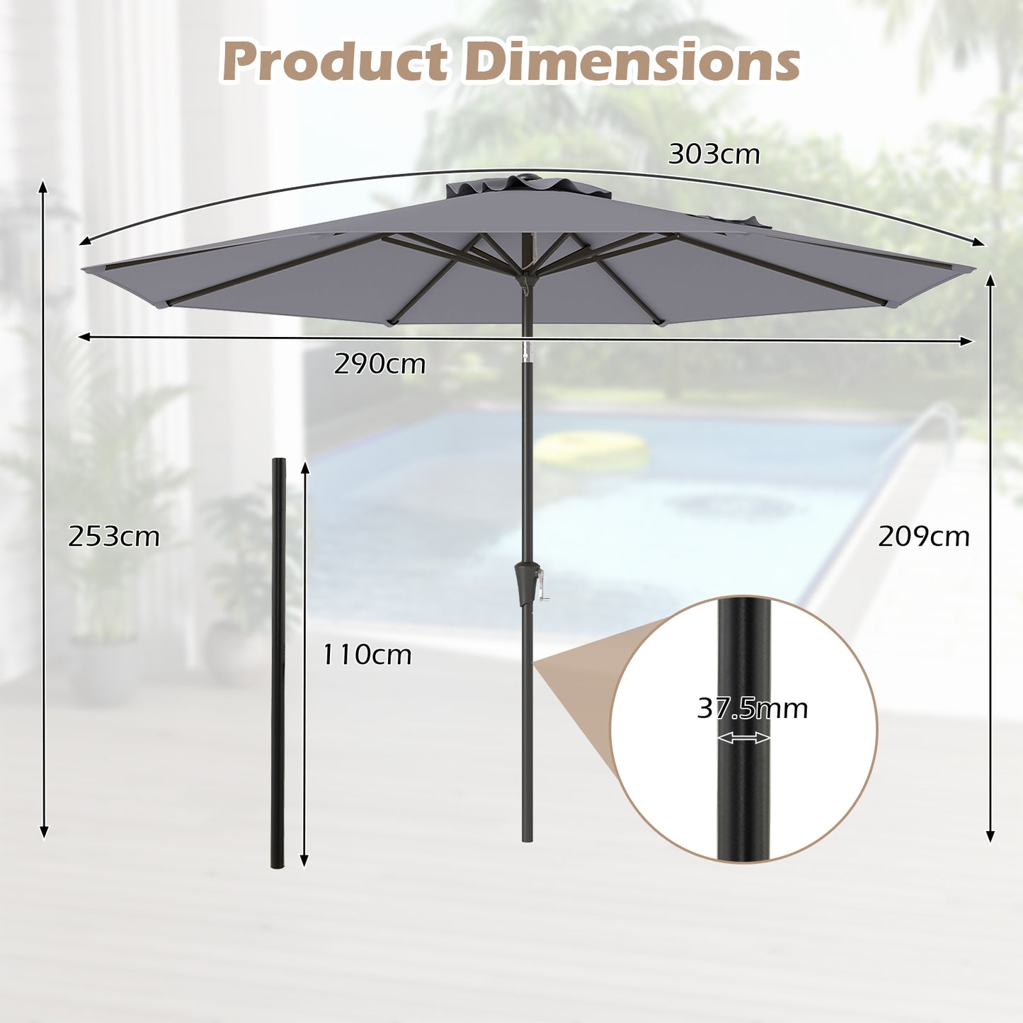 Costway 303 cm Terrasparasol Kantelbare Parasol Dubbelgelaagde Tafelparasol Grijs +Parasolvoet met Wieltjes Vulbare Parasolvoet