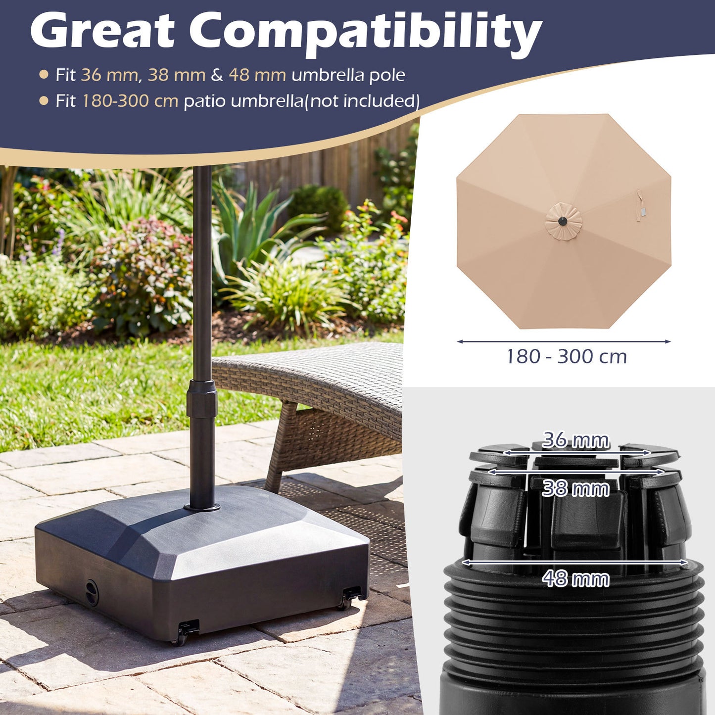 Costway 303 cm Terrasparasol Kantelbare Parasol Dubbelgelaagde Tafelparasol Grijs +Parasolvoet met Wieltjes Vulbare Parasolvoet