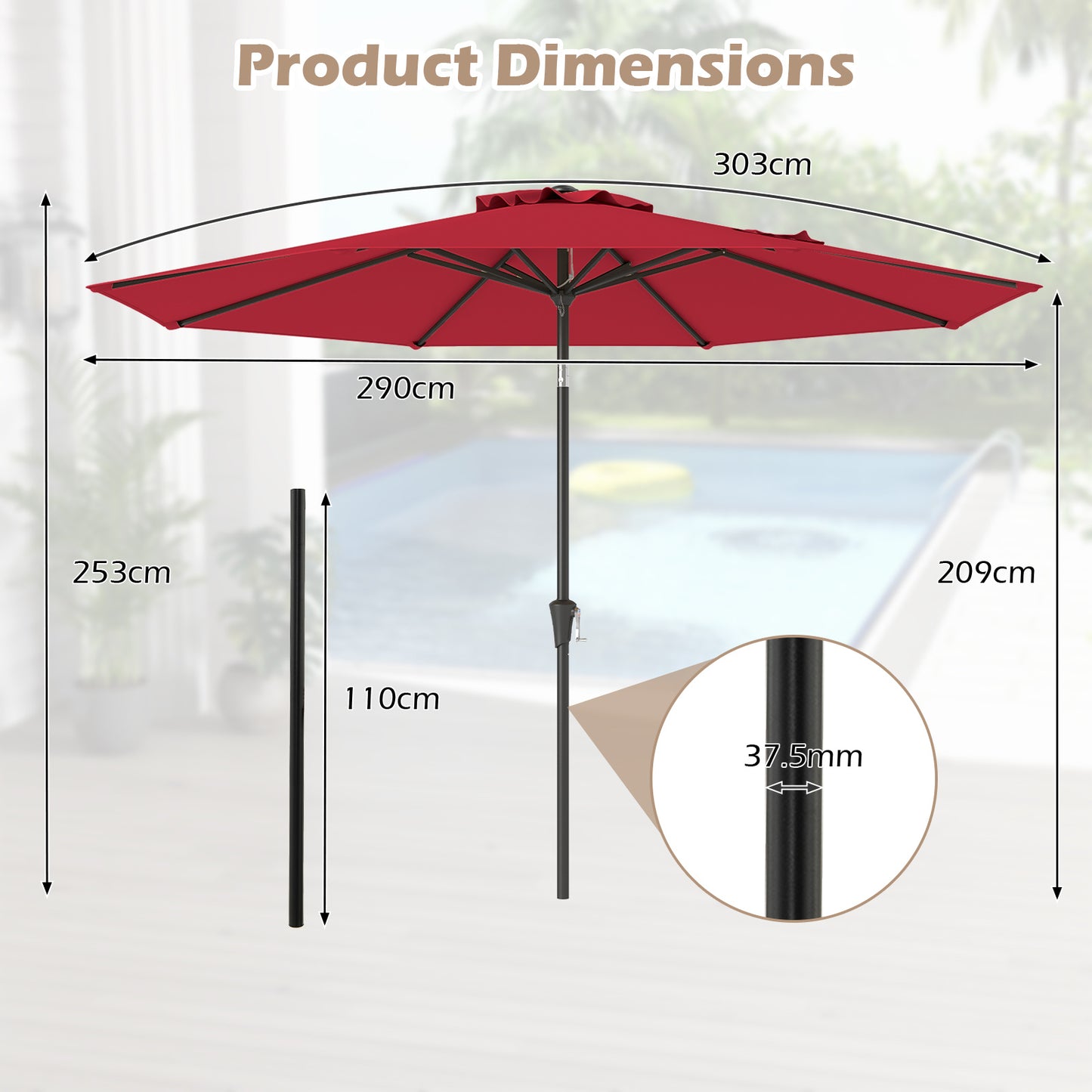 Costway 303 cm Terrasparasol Kantelbare Parasol Dubbelgelaagde Tafelparasol Wijnrood +Parasolvoet met Wieltjes Vulbare Parasolvoet