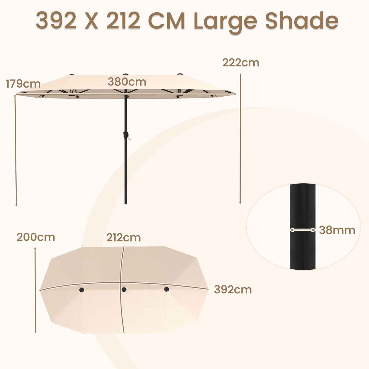 Costway 392 cm Dubbele Terrasparasol Grote Dubbele Parasol met Zwengel en 12 Sterke Baleinen Oversized Rechthoekige Parasol Beige