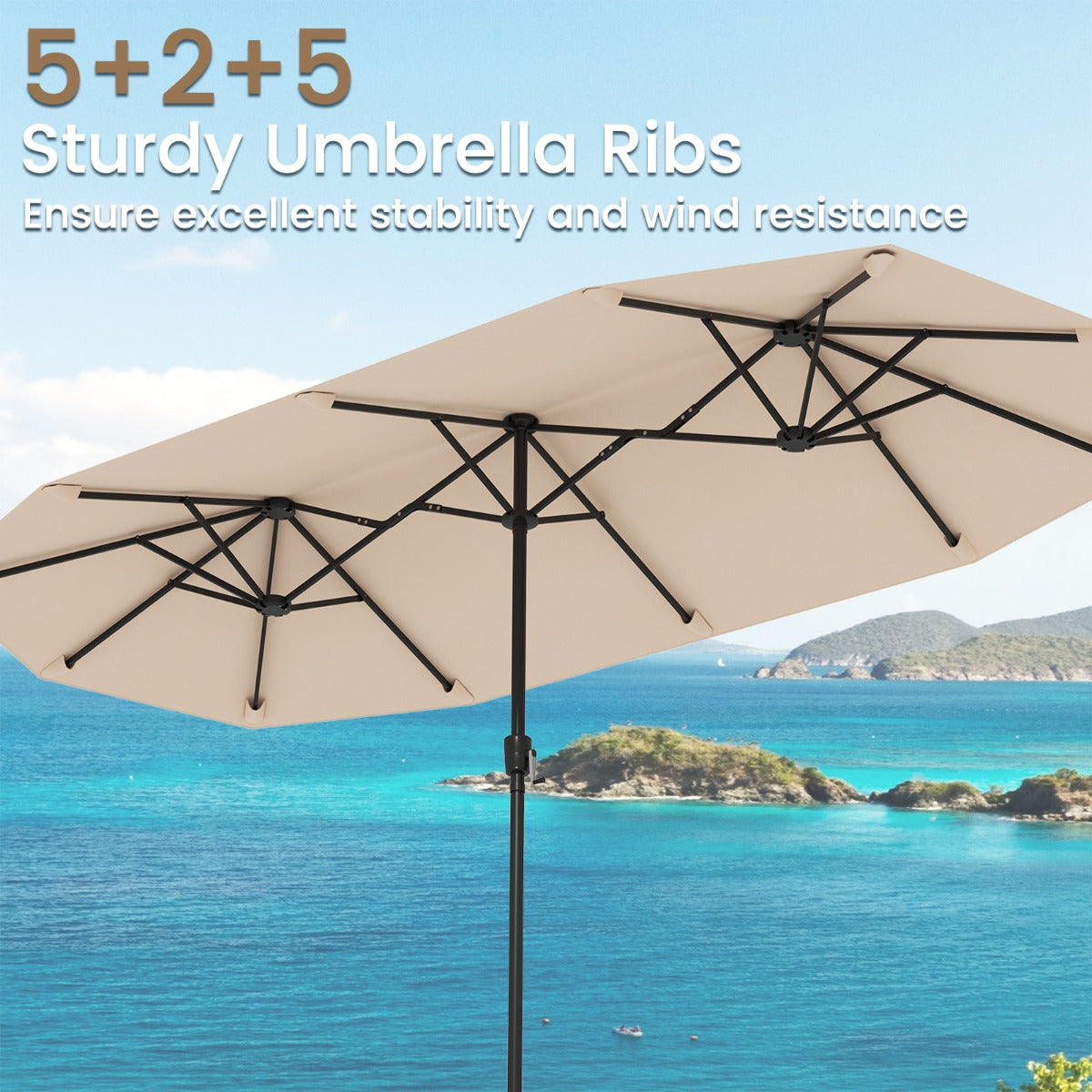 Costway 392 cm Dubbele Terrasparasol Grote Dubbele Parasol met Zwengel en 12 Sterke Baleinen Oversized Rechthoekige Parasol Beige