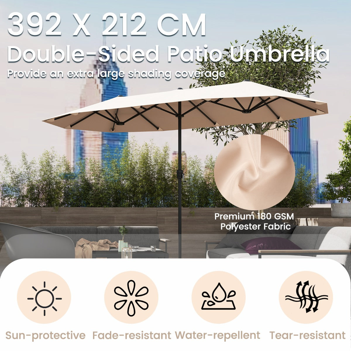 Costway 392 cm Dubbele Terrasparasol Grote Dubbele Parasol met Zwengel en 12 Sterke Baleinen Oversized Rechthoekige Parasol Beige