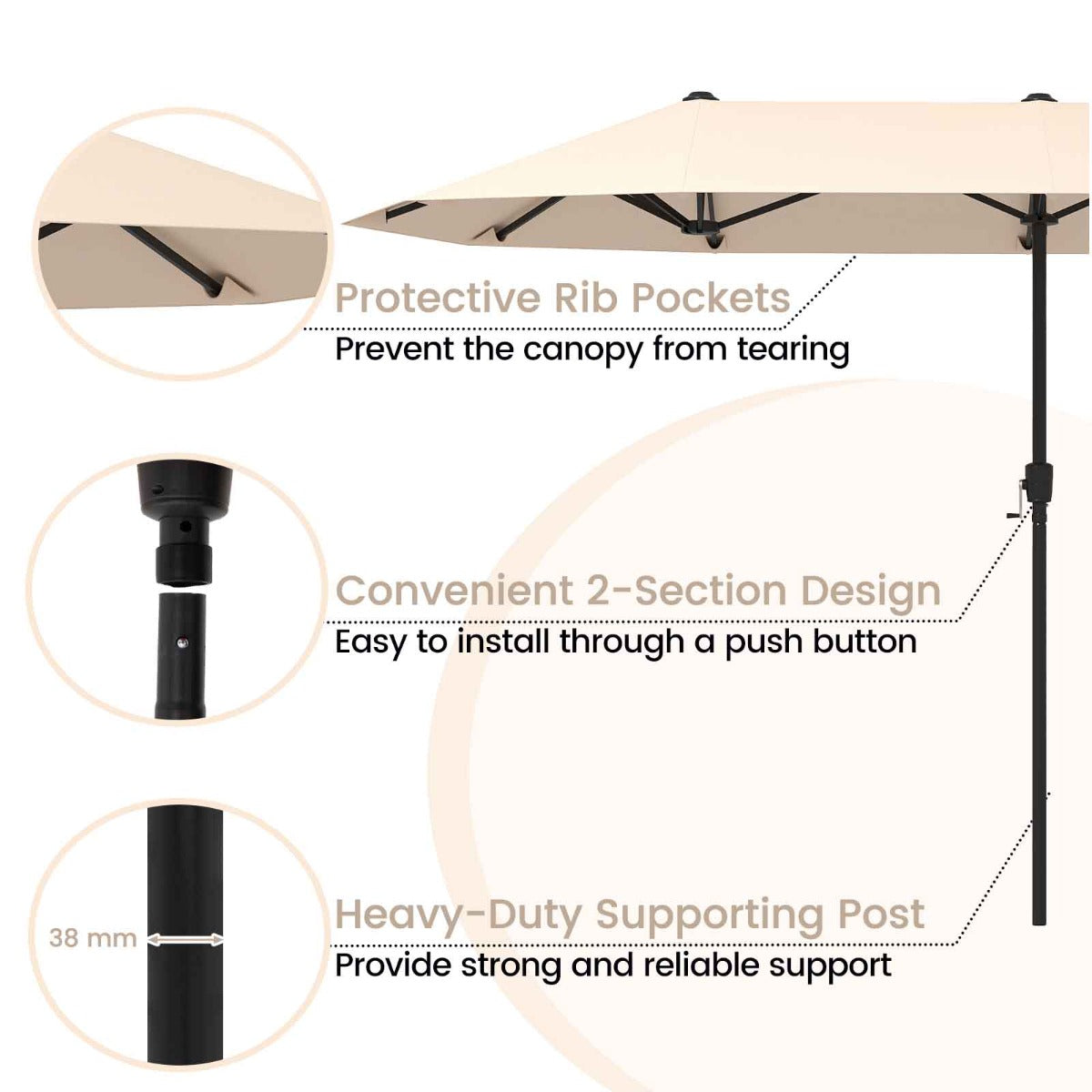 Costway 392 cm Dubbele Terrasparasol Grote Dubbele Parasol met Zwengel en 12 Sterke Baleinen Oversized Rechthoekige Parasol Beige