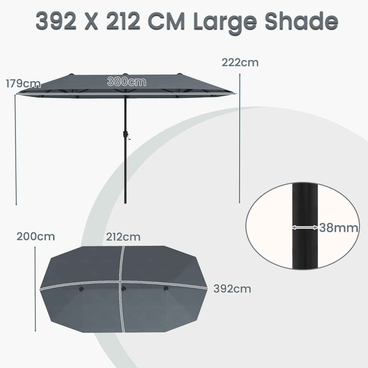 Costway 392 cm Dubbele Terrasparasol Grote Dubbele Parasol met Zwengel en 12 Sterke Baleinen Oversized Rechthoekige Parasol Grijs