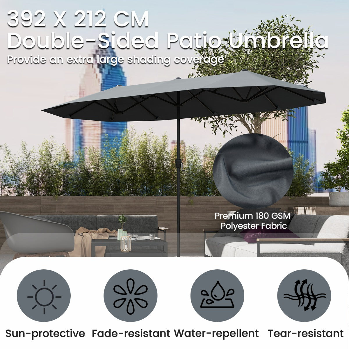 Costway 392 cm Dubbele Terrasparasol Grote Dubbele Parasol met Zwengel en 12 Sterke Baleinen Oversized Rechthoekige Parasol Grijs