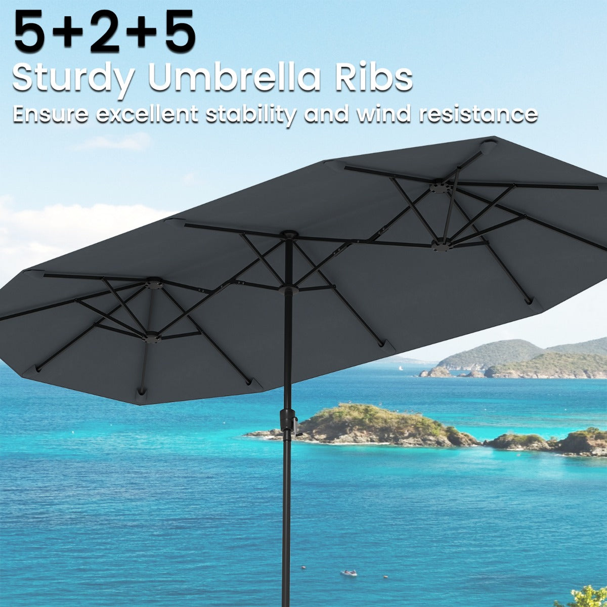 Costway 392 cm Dubbele Terrasparasol Grote Dubbele Parasol met Zwengel en 12 Sterke Baleinen Oversized Rechthoekige Parasol Grijs