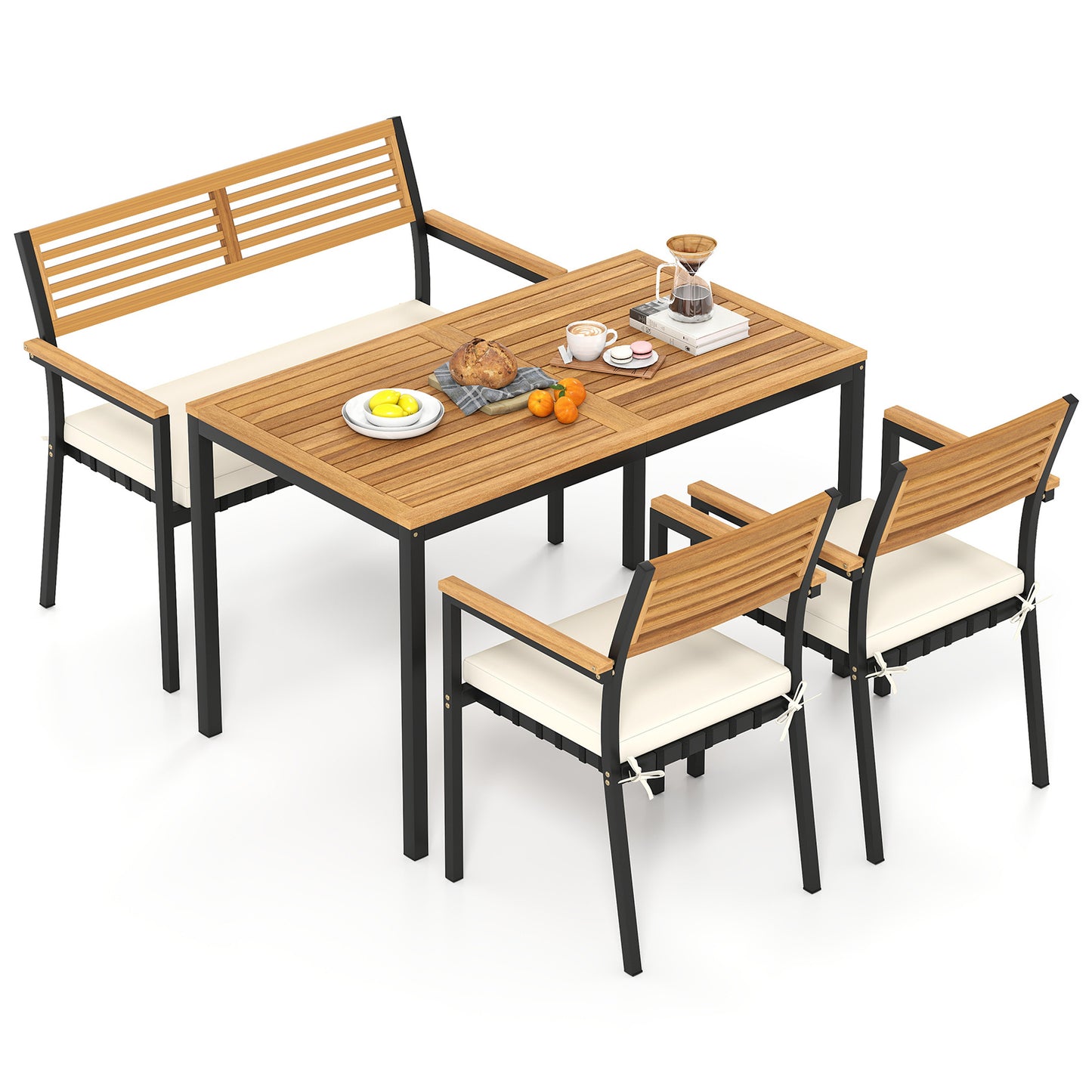 Costway 4-delige Tuinmeubelset Eetgroep van Acaciahout met Metalen Frame Balkonmeubels met Tafel 2 Stoelen en Bank