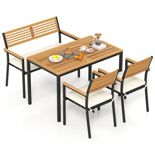 Costway 4-delige Tuinmeubelset Eetgroep van Acaciahout met Metalen Frame Balkonmeubels met Tafel 2 Stoelen en Bank