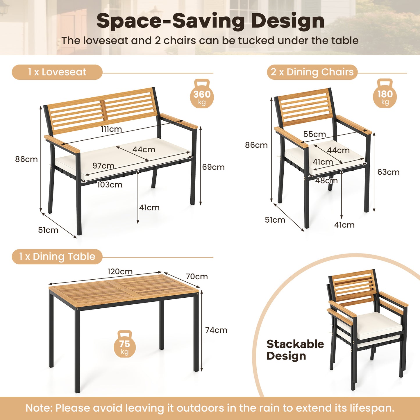 Costway 4-delige Tuinmeubelset Eetgroep van Acaciahout met Metalen Frame Balkonmeubels met Tafel 2 Stoelen en Bank