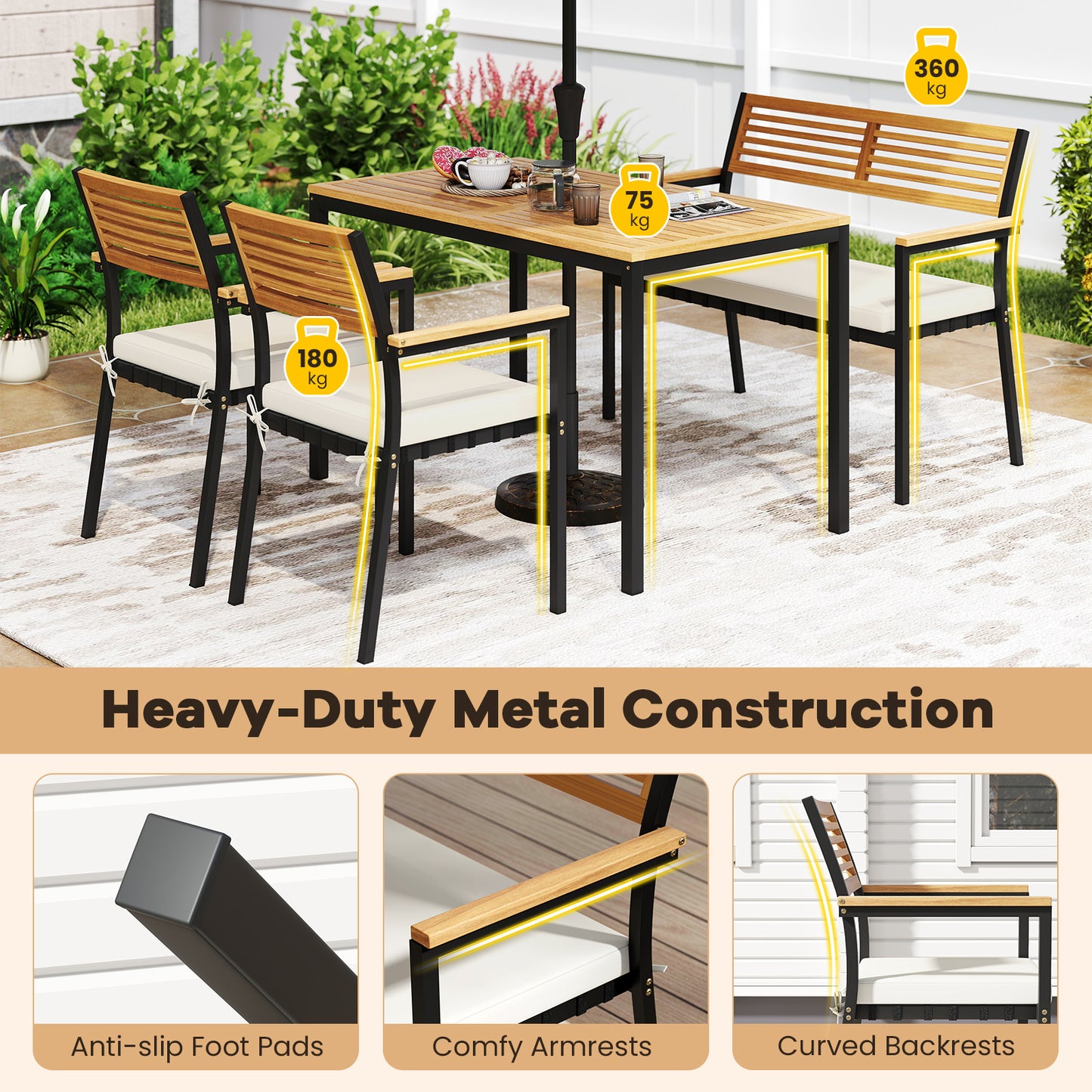 Costway 4-delige Tuinmeubelset Eetgroep van Acaciahout met Metalen Frame Balkonmeubels met Tafel 2 Stoelen en Bank