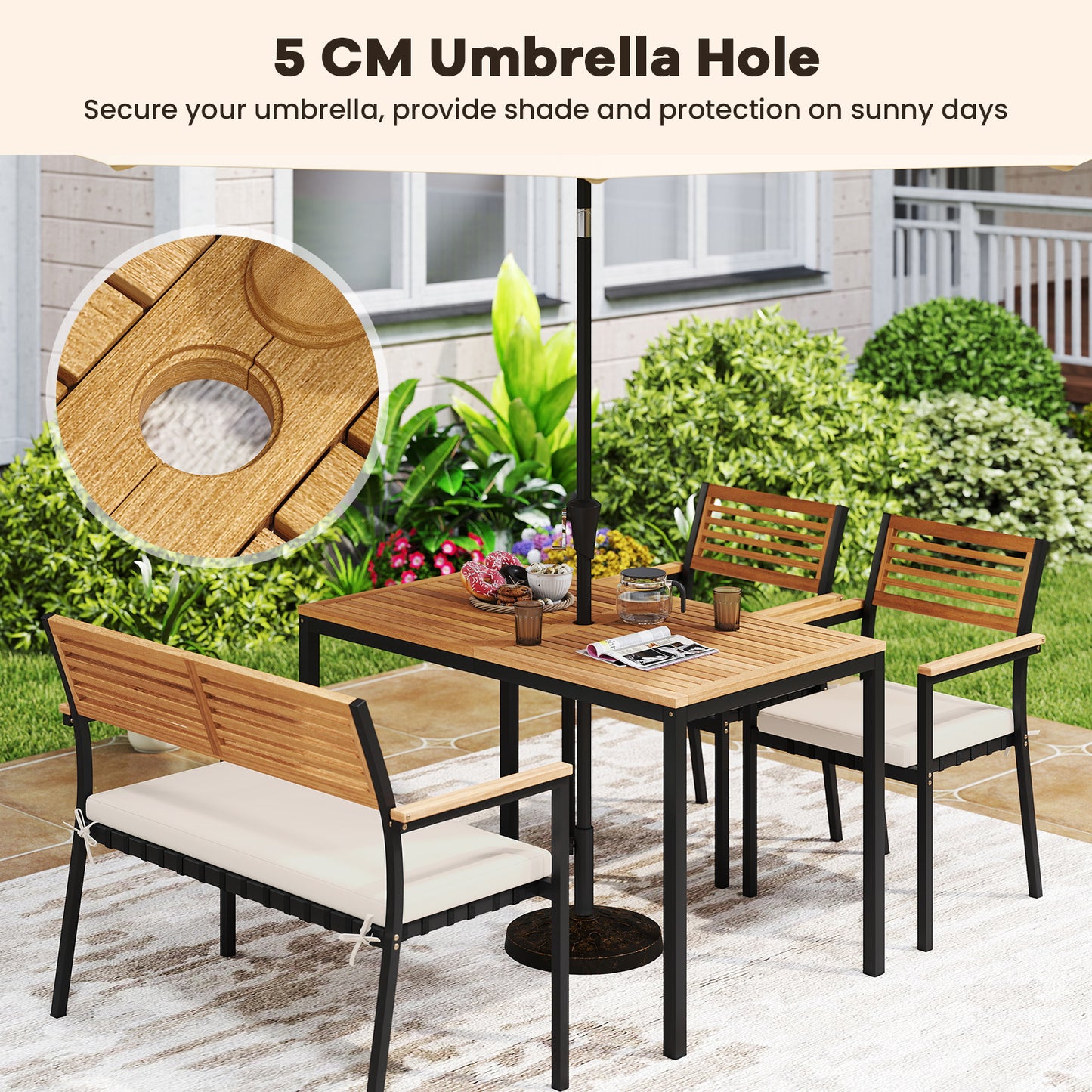 Costway 4-delige Tuinmeubelset Eetgroep van Acaciahout met Metalen Frame Balkonmeubels met Tafel 2 Stoelen en Bank