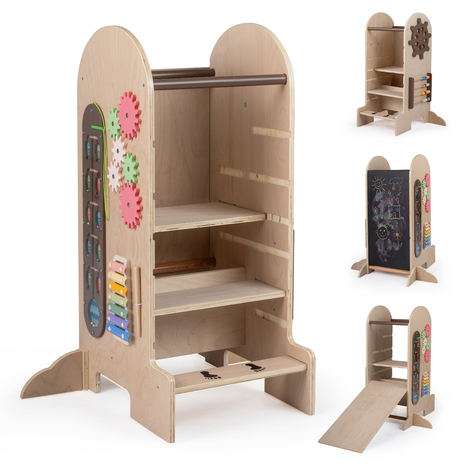 Costway 4-in-1 Leertoren voor Kinderen met Glijbaan Montessori-Trapje met Krijtbord en Speelbord in Hoogte Verstelbare Houten Keukenhulp