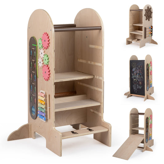 Costway 4-in-1 Leertoren voor Kinderen met Glijbaan Montessori-Trapje met Krijtbord en Speelbord in Hoogte Verstelbare Houten Keukenhulp