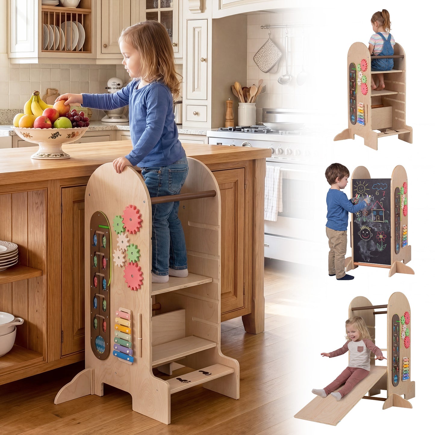 Costway 4-in-1 Leertoren voor Kinderen met Glijbaan Montessori-Trapje met Krijtbord en Speelbord in Hoogte Verstelbare Houten Keukenhulp