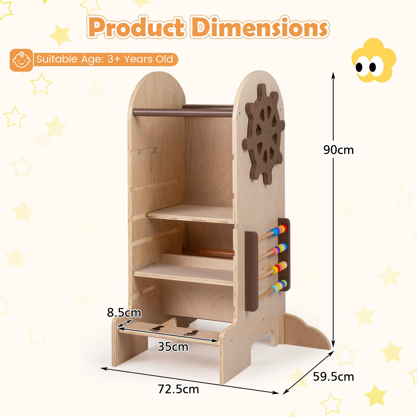 Costway 4-in-1 Leertoren voor Kinderen met Glijbaan Montessori-Trapje met Krijtbord en Speelbord in Hoogte Verstelbare Houten Keukenhulp