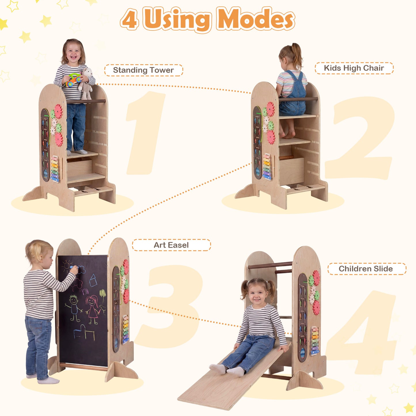 Costway 4-in-1 Leertoren voor Kinderen met Glijbaan Montessori-Trapje met Krijtbord en Speelbord in Hoogte Verstelbare Houten Keukenhulp