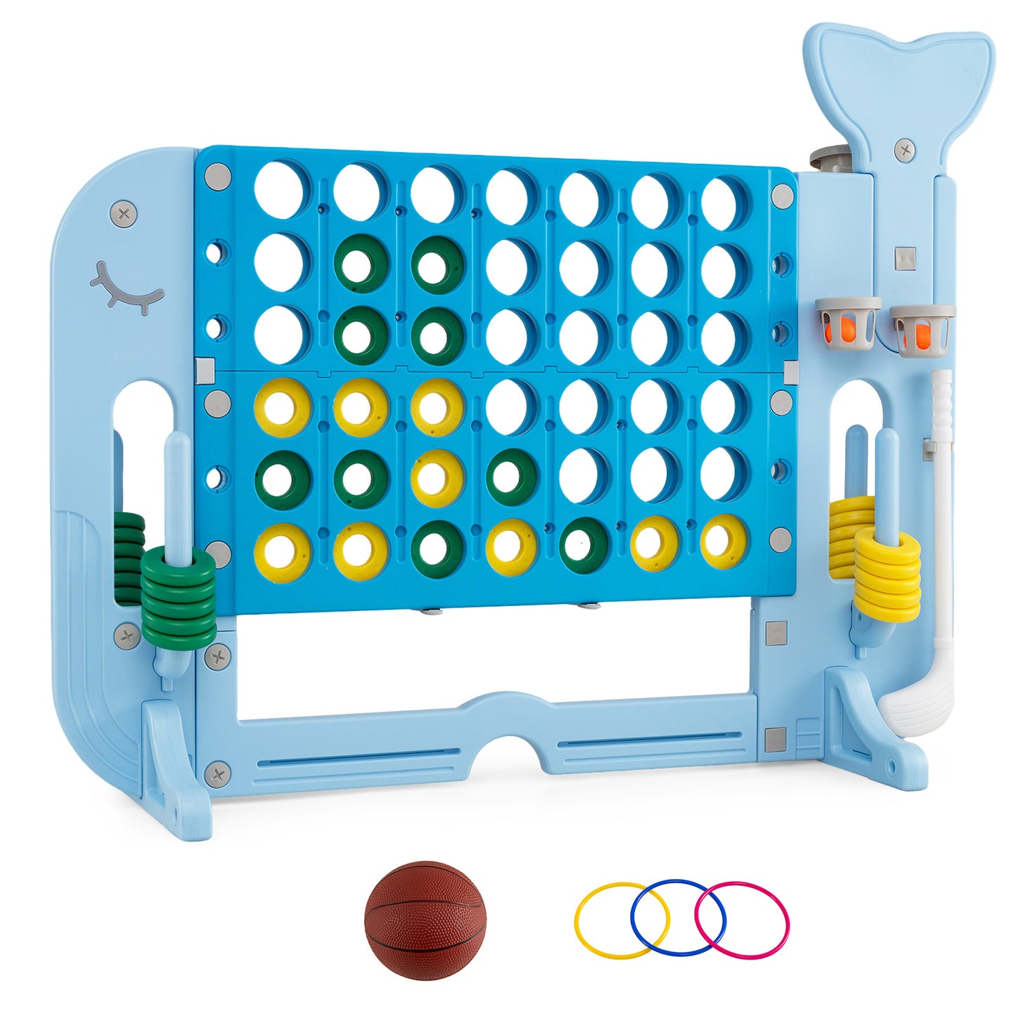 Costway 4-in-1-spel Vier op een rij met Basketbalring Ringwerpen en Minigolf Bordspel met 2 Bekerhouders Blauw