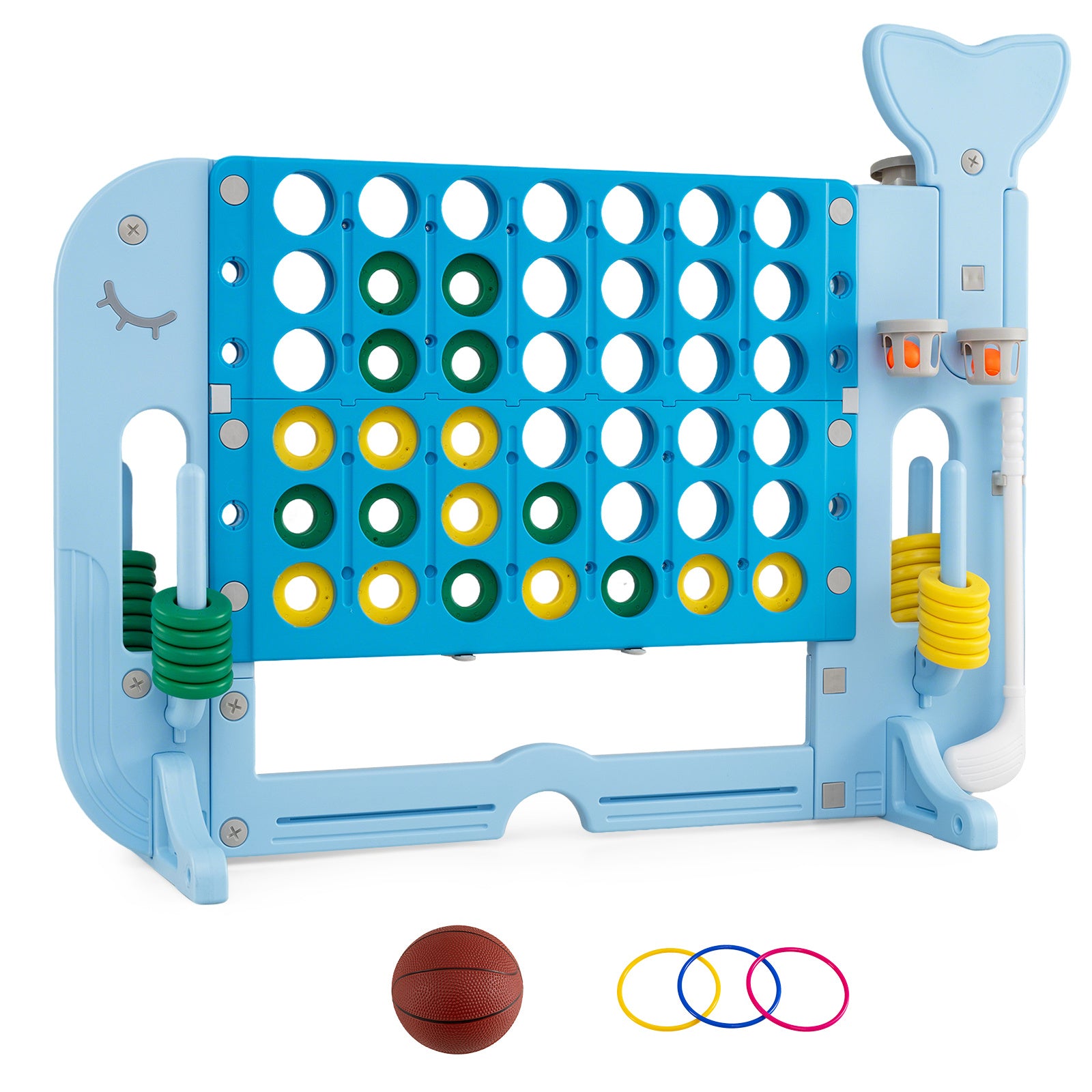 Costway 4-in-1-spel Vier op een rij met Basketbalring Ringwerpen en Minigolf Bordspel met 2 Bekerhouders Blauw