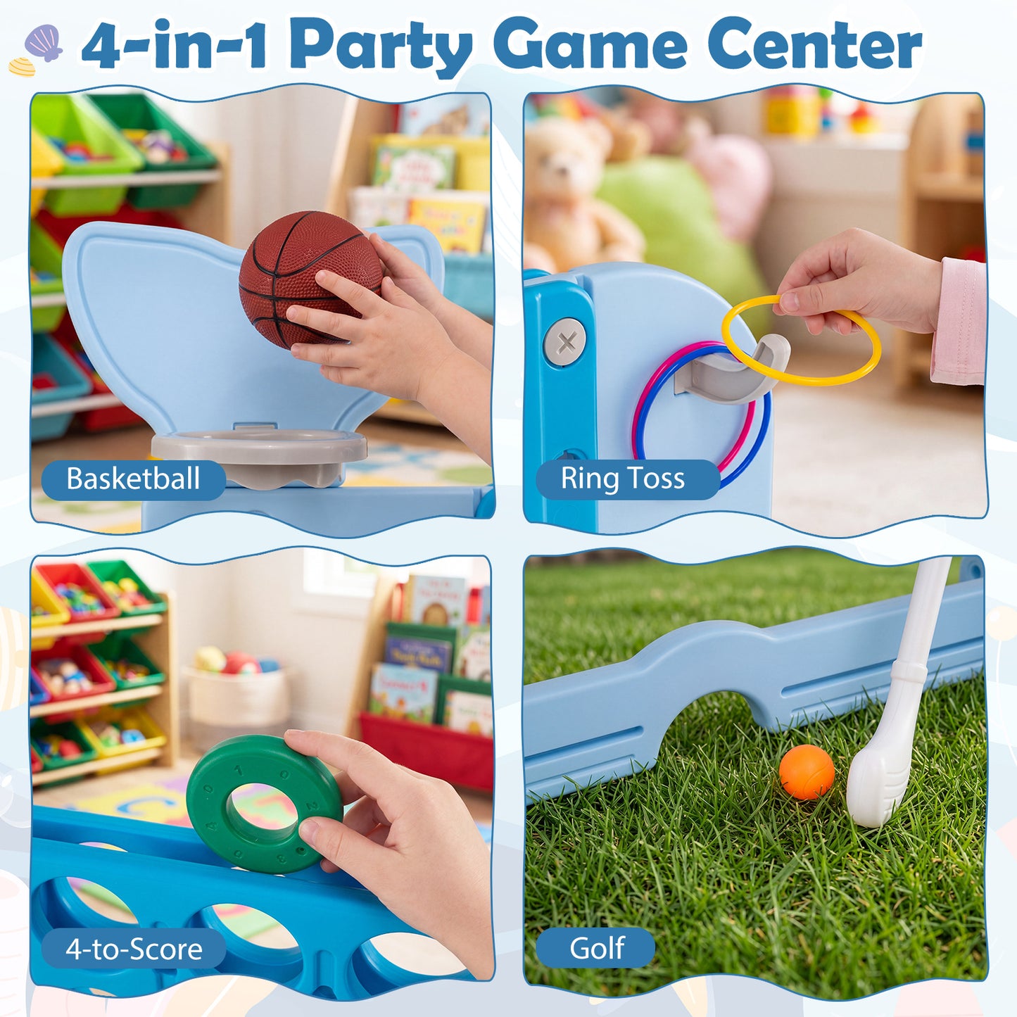 Costway 4-in-1-spel Vier op een rij met Basketbalring Ringwerpen en Minigolf Bordspel met 2 Bekerhouders Blauw