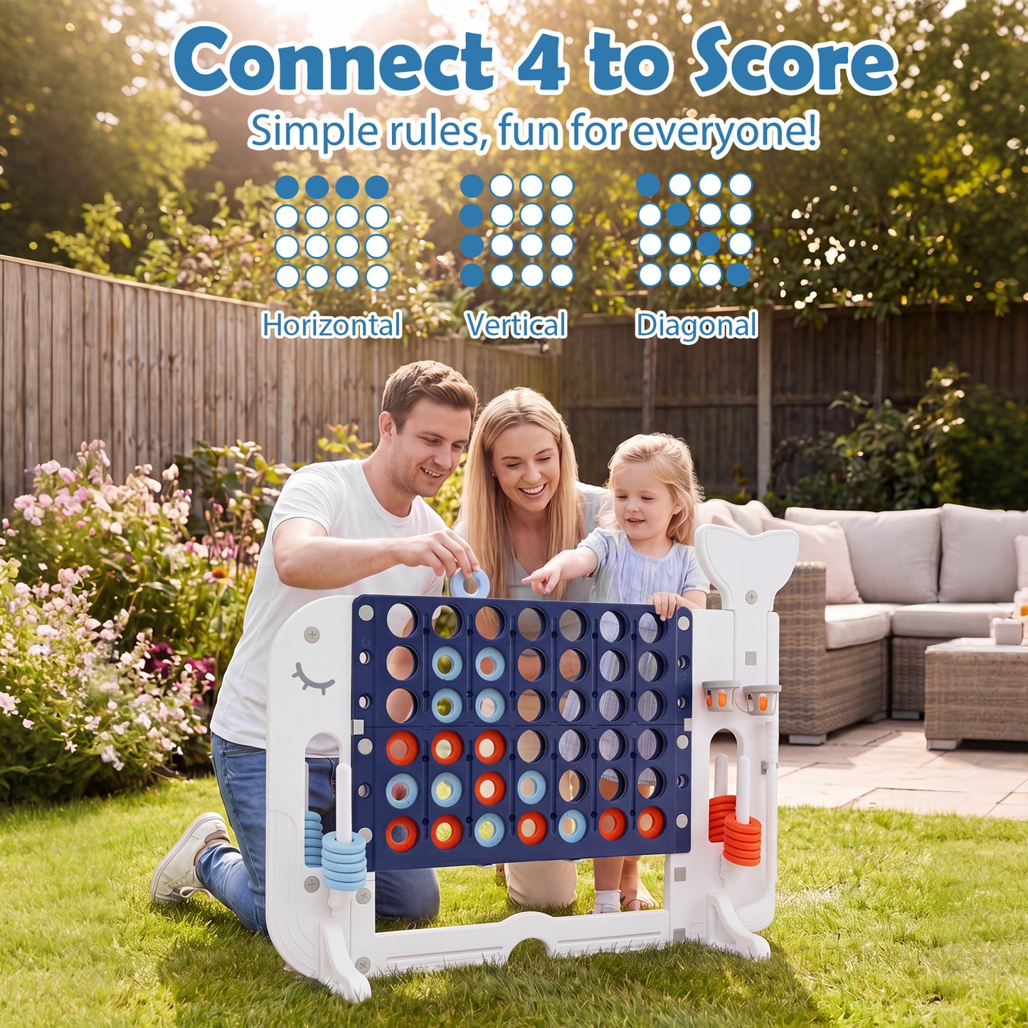 Costway 4-in-1-spel Vier op een rij met Basketbalring Ringwerpen en Minigolf Bordspel met 2 Bekerhouders Marineblauw