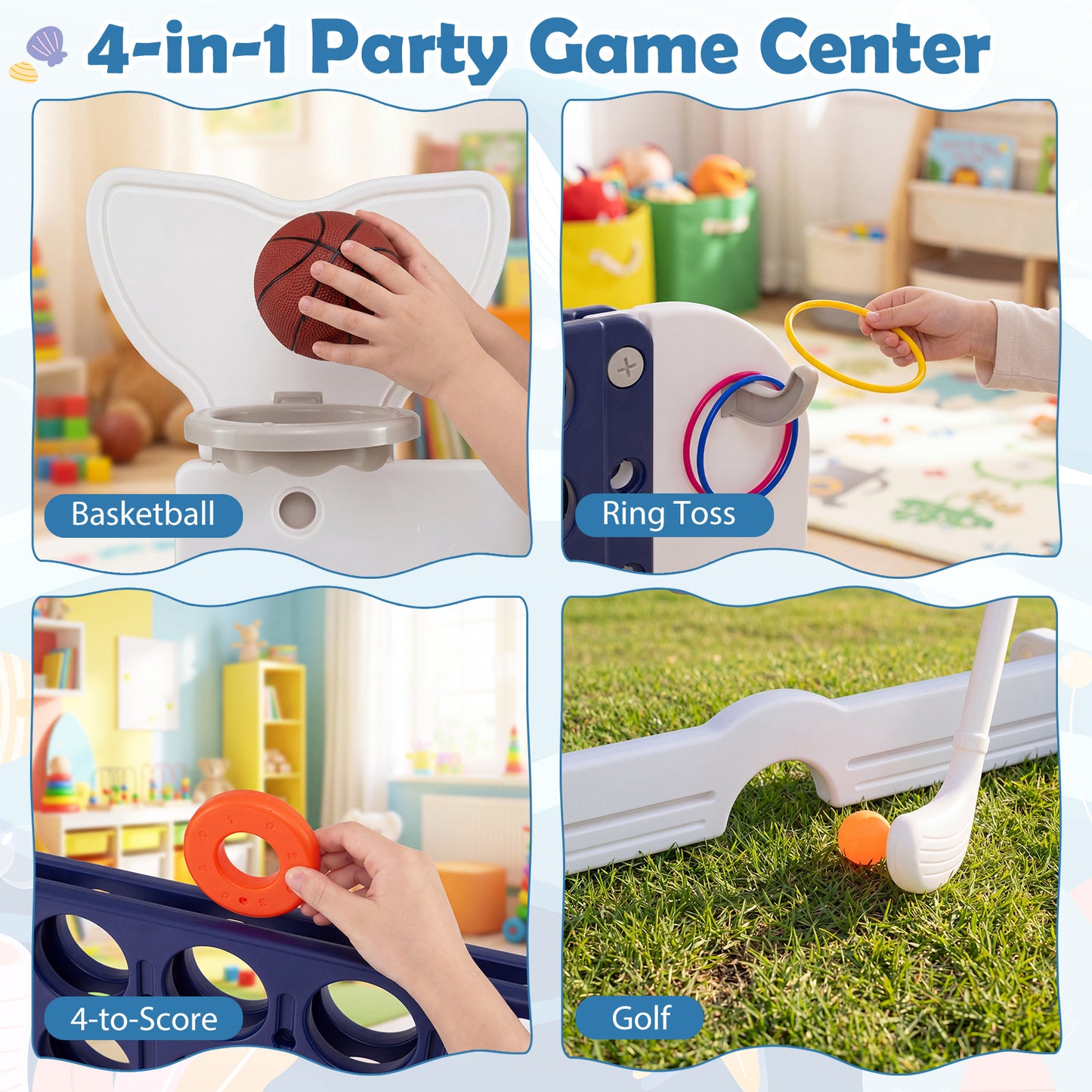 Costway 4-in-1-spel Vier op een rij met Basketbalring Ringwerpen en Minigolf Bordspel met 2 Bekerhouders Marineblauw