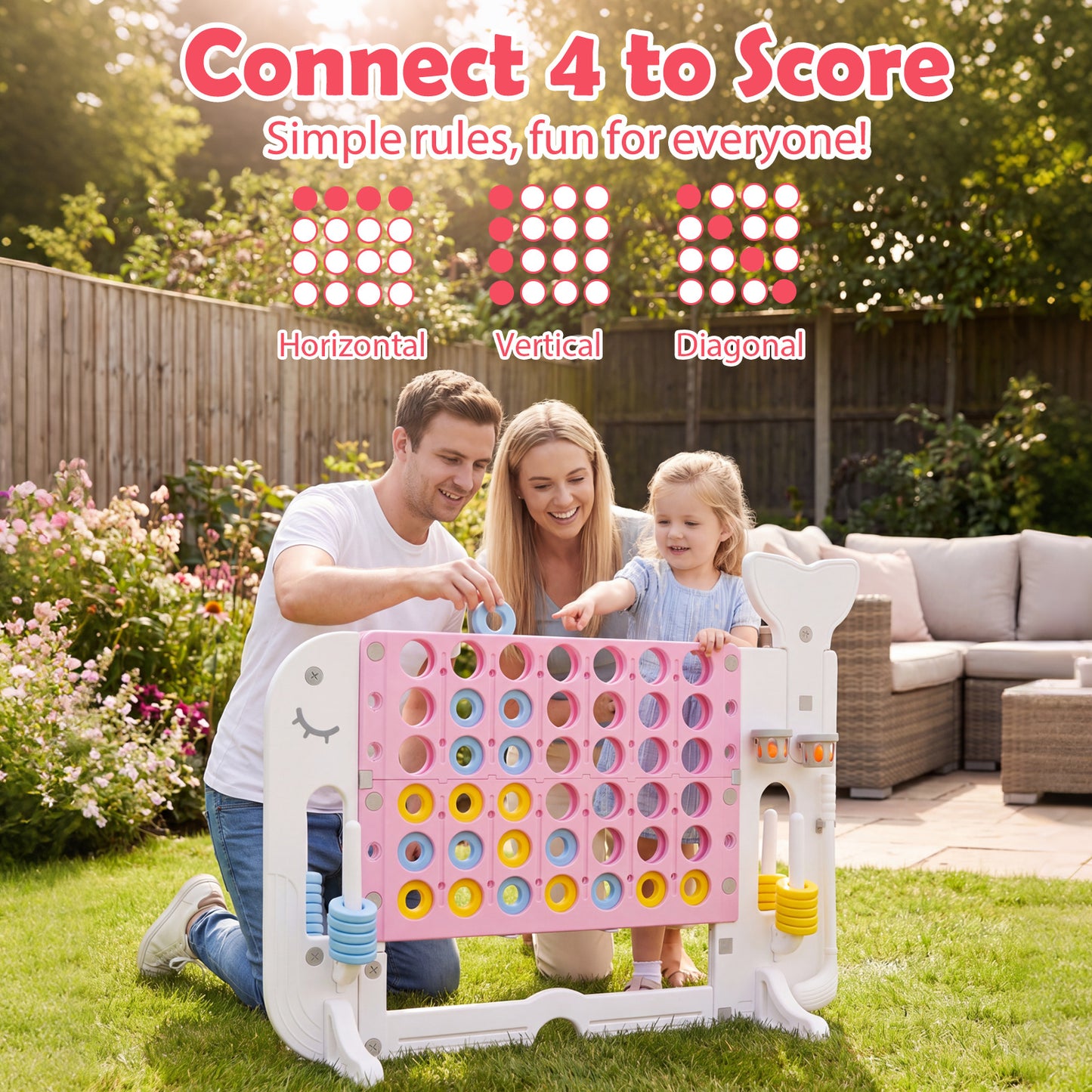 Costway 4-in-1-spel Vier op een rij met Basketbalring Ringwerpen en Minigolf Bordspel met 2 Bekerhouders Roze