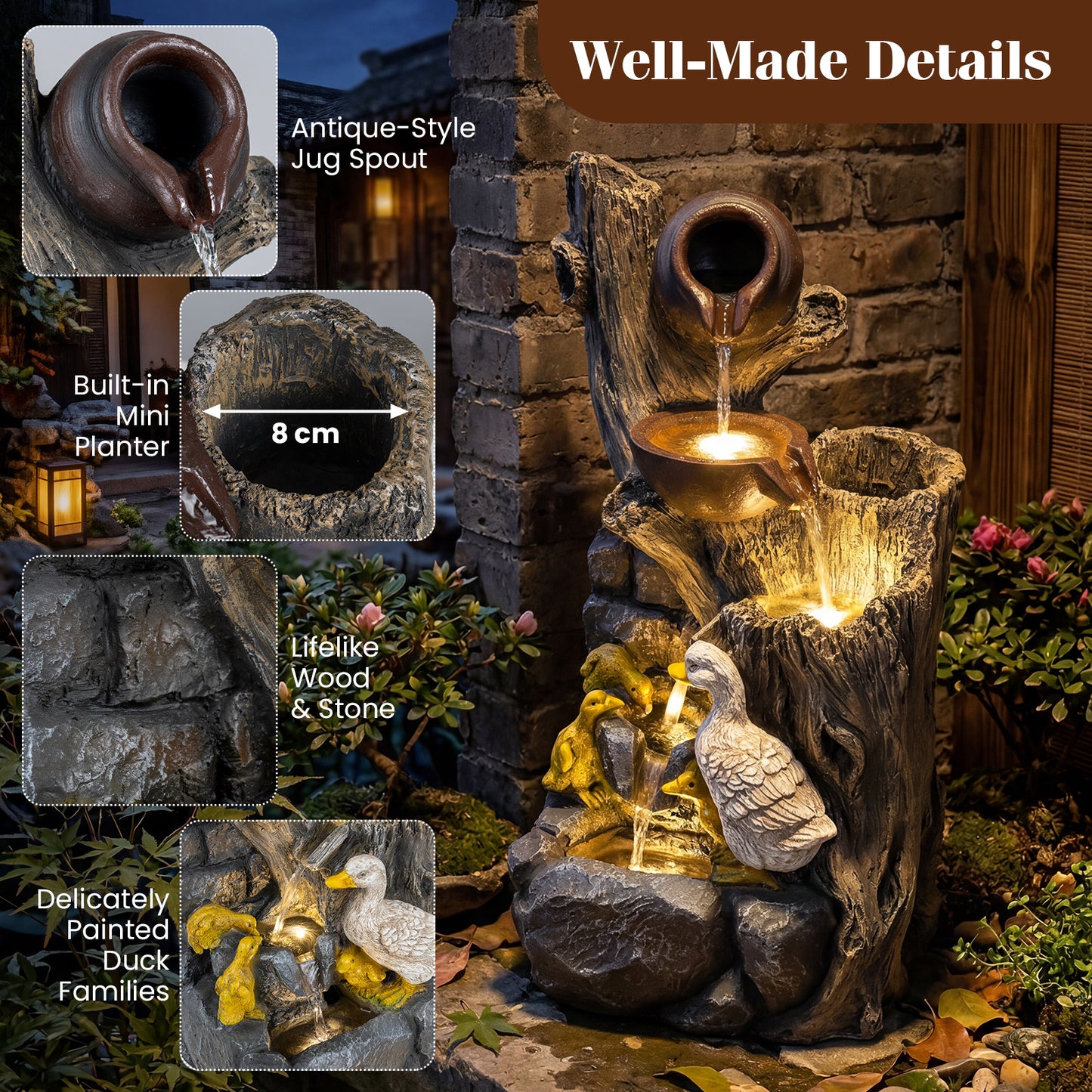 Costway 4-traps Tuinfontein met LED-verlichting Decoratieve Sierfontein met Eendenmotief Waterval van Kunsthars & Glasvezel