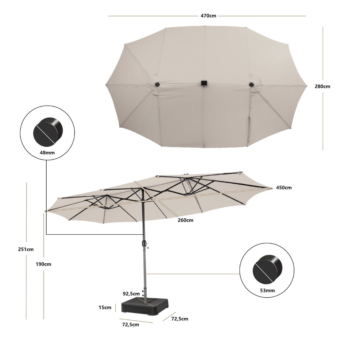 Costway 470 x 280 cm Dubbele Tuinparasol met 48 LED's op Zonne-Energie Extra Grote Parasol Dubbele Parasol met Zelfopladend Zonnepaneel Beige
