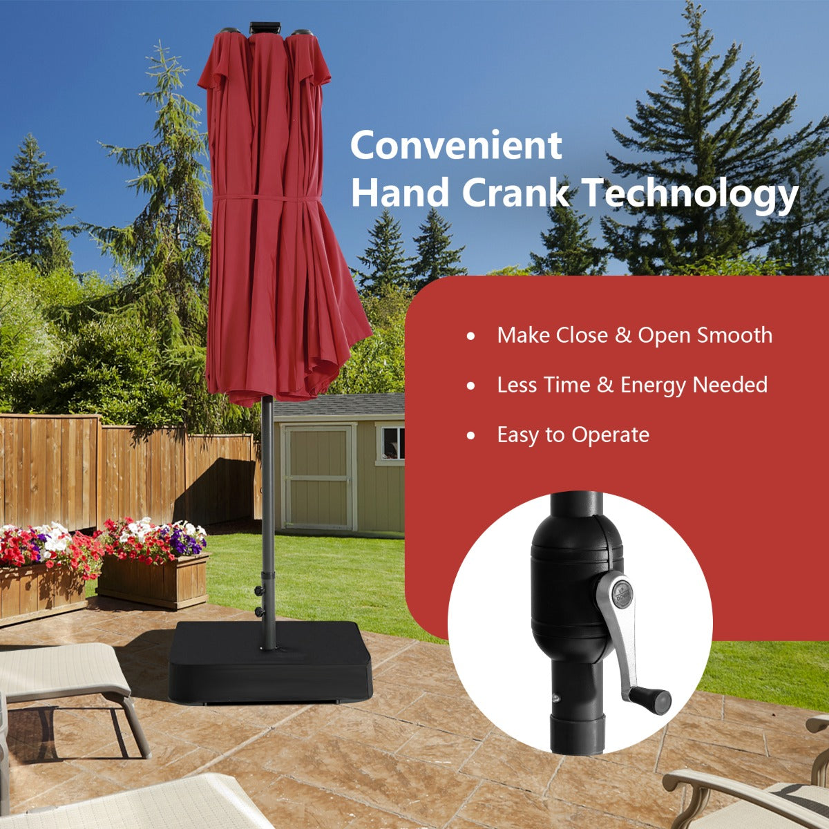 Costway 470 x 280 cm Dubbele Tuinparasol met 48 LED's op Zonne-Energie Extra Grote Parasol Dubbele Parasol met Zelfopladend Zonnepaneel Bordeaux