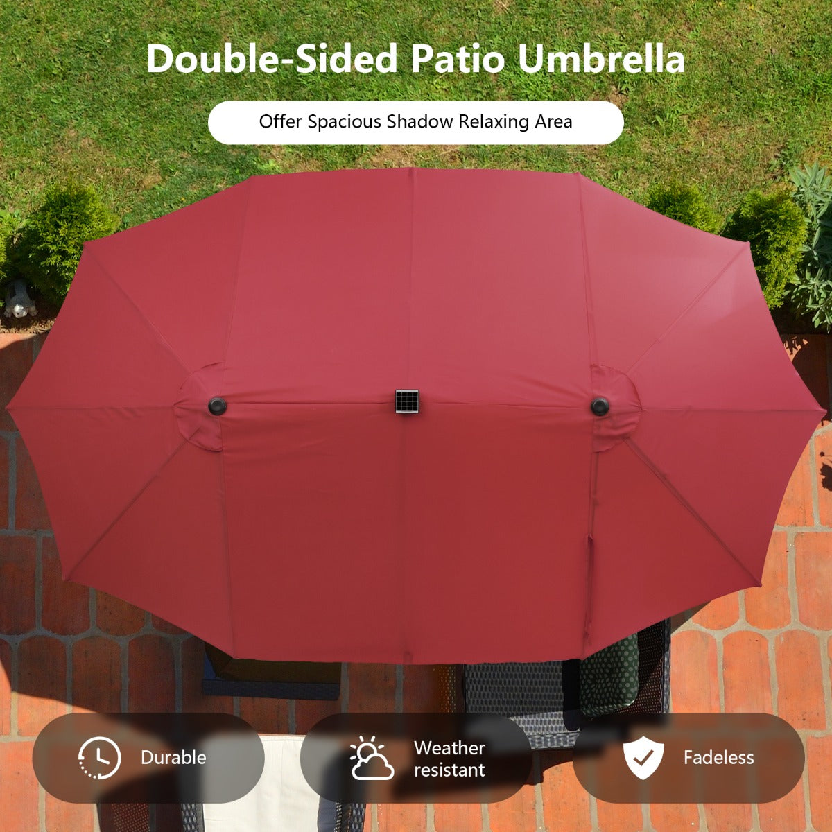 Costway 470 x 280 cm Dubbele Tuinparasol met 48 LED's op Zonne-Energie Extra Grote Parasol Dubbele Parasol met Zelfopladend Zonnepaneel Bordeaux