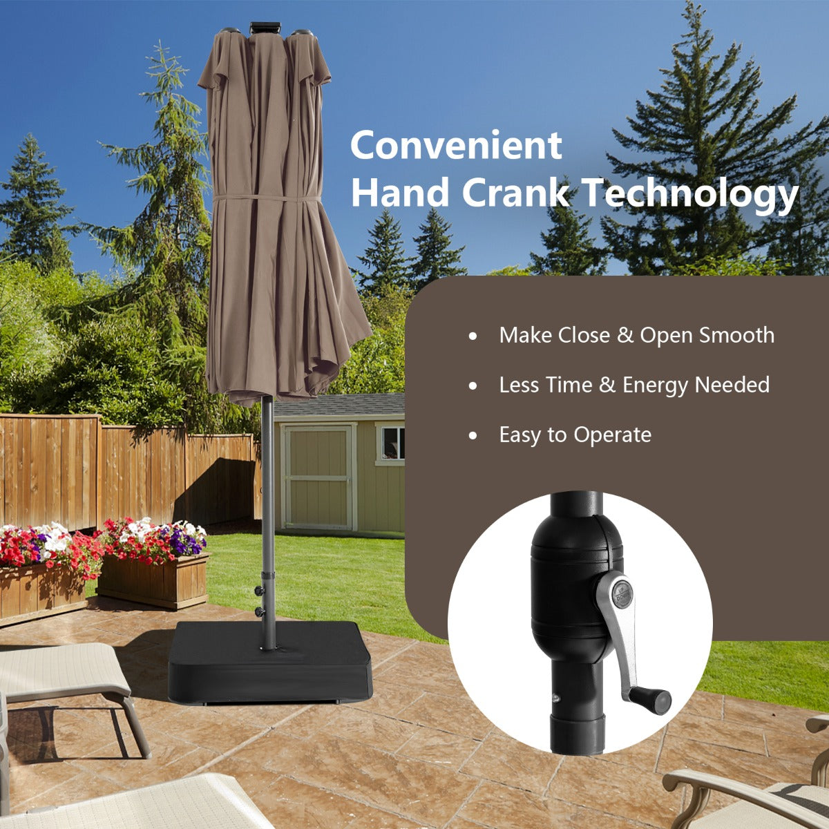 Costway 470 x 280 cm Dubbele Tuinparasol met 48 LED's op Zonne-Energie Extra Grote Parasol met Zelfopladend Zonnepaneel Koffie