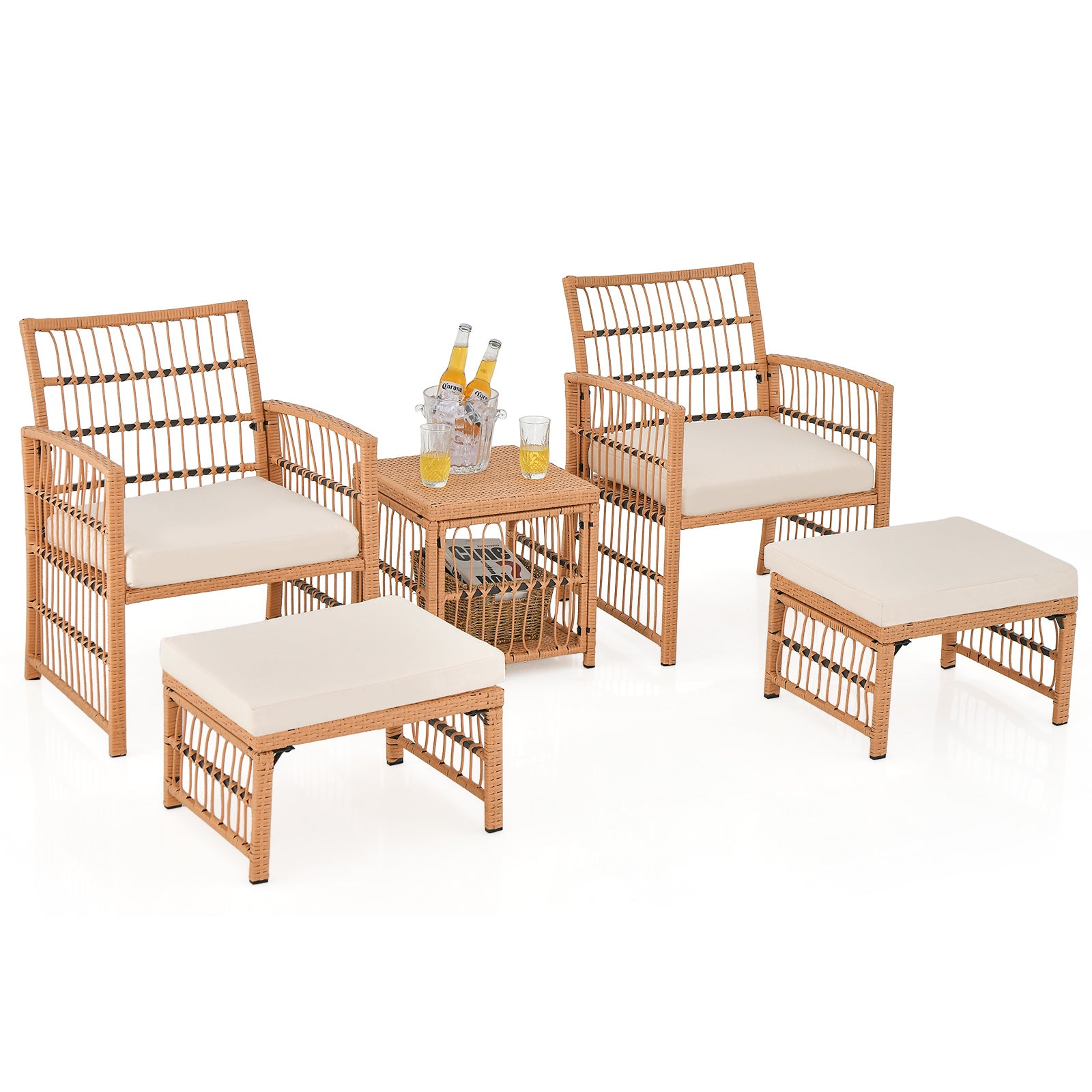 Costway 5-delig Rattan Tuinmeubel Set Balkonmeubels met 2 Fauteuils 2 Poefen & 2-laags Koffietafel